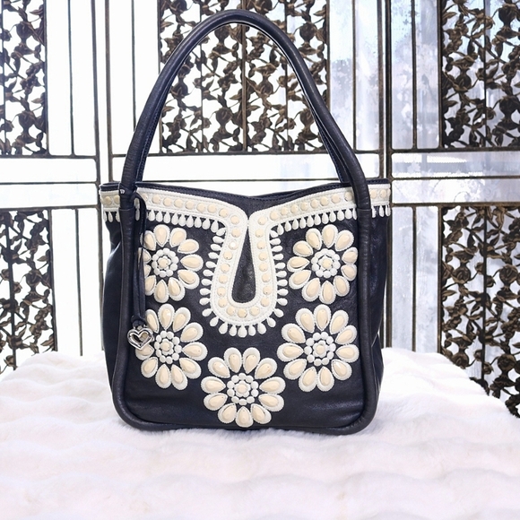 Vintage Brighton Masterpiece Crown Jewell Embroidered Beaded Hobo Bag Navy Blue